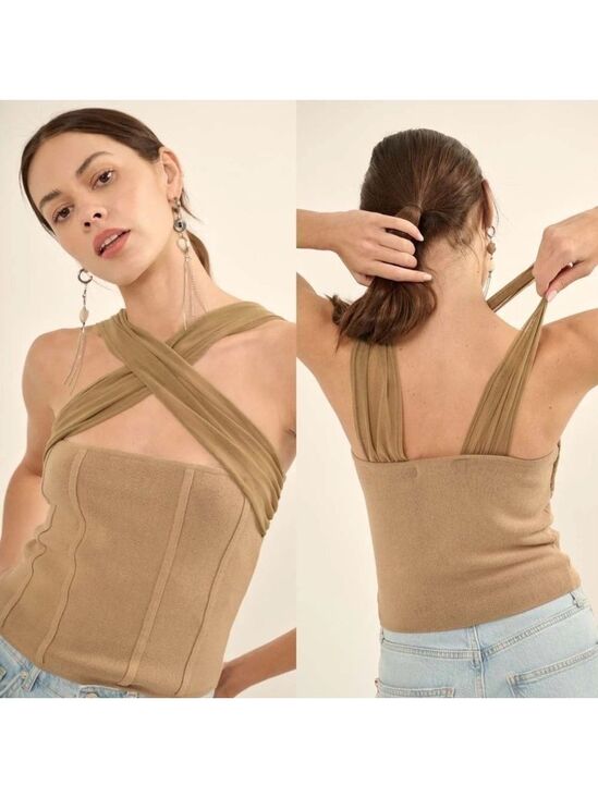 Promise Tops - Promise the Label Shaper Fit Cross-Front Rib-Knit Corset Top in Taupe/Tan- NWOT